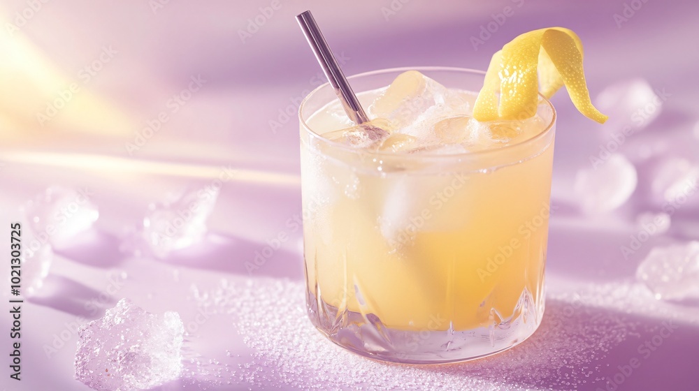 Amaretto Sour served with a cocktail stirrer and lemon twist, isolated on a light purple background with decorative sugar crystals Amaretto Sour served with a cocktail stirrer and lemon twist, isolated on a light purple background with decorative sugar crystals