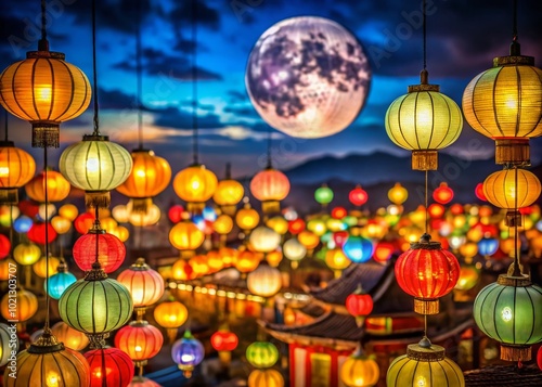 Colorful Mid Autumn Lanterns Glowing in the Night Sky Celebrating the Harvest Moon Festival