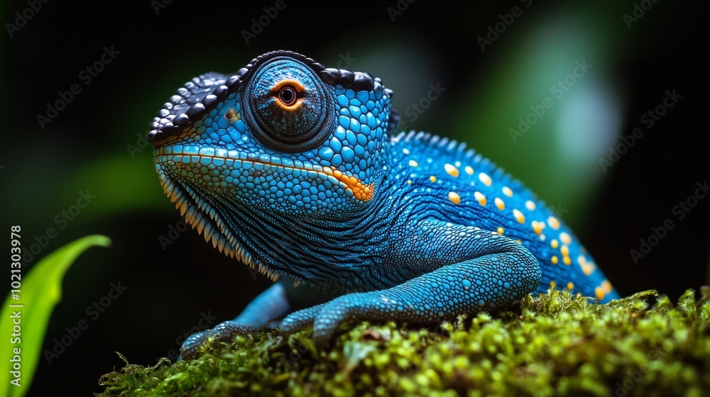 Fototapeta premium A colorful chameleon with its head tilted and eyes open, sitting on moss in the rainforest