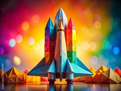 Colorful Origami Space Shuttle Model Displayed on a Bright Background for Creative Imagery Purposes