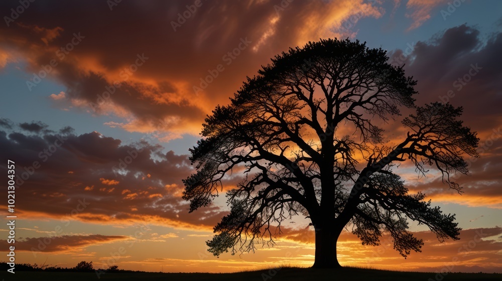 Silhouette of a large tree against a vibrant sunset sky. Silhouette of a large tree against a vibrant sunset sky.