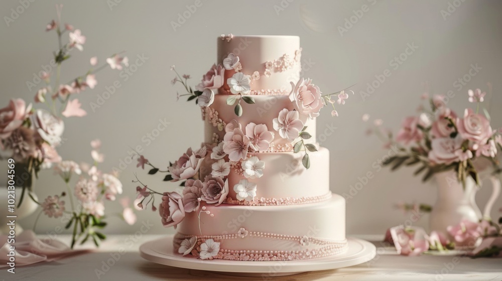 Elegant Wedding Cake with Delicate Sugar Flowers Elegant Wedding Cake with Delicate Sugar Flowers