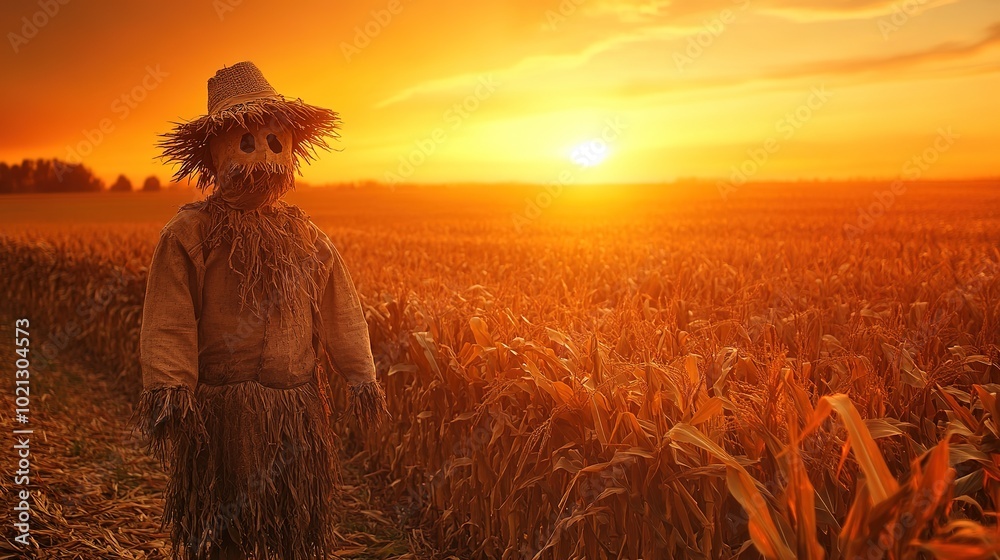 Fototapeta premium Scarecrow in cornfield at golden sunset, fall vibes
