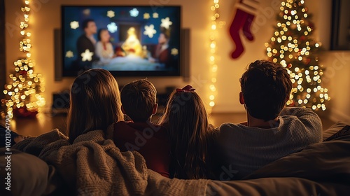 Family watching a holiday special on TV, all snuggled up on the couch, expressions of joy and nostalgia, festive decorations around the room creating a cozy atmosphere