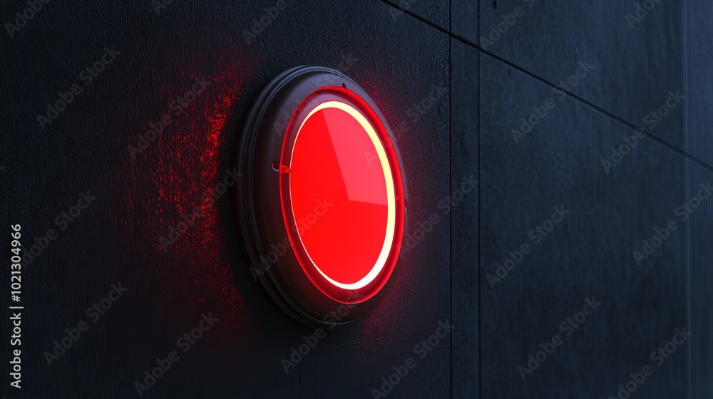 A green circular traffic light with a green backlight is mounted on a dark wall. The light indicates movement or a go signal. The image is a 3D rendering. A green circular traffic light with a green backlight is mounted on a dark wall. The light indicates movement or a go signal. The image is a 3D rendering.