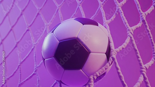 A realistic 3D soccer ball rests in a goal net, symbolizing the championship football season. Set against a vibrant lilac purple background, the isolated soccer ball evokes the excitement