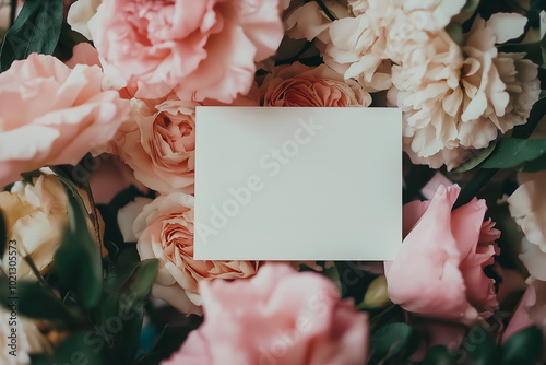 Bouquet of flower with an empty blank plain white greeting card on it for design mockup