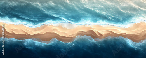 Aerial View of Blue Ocean Waves Crashing on a Sandy Beach