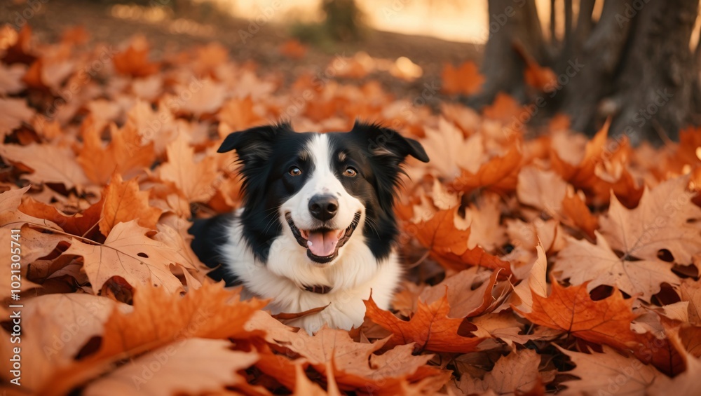 Grinning Collie Dog Amidst Orange Autumn Leaves Grinning Collie Dog Amidst Orange Autumn Leaves