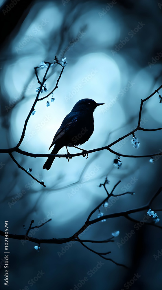 Silhouette of a Bird Perched on a Branch in a Blue and White Background Silhouette of a Bird Perched on a Branch in a Blue and White Background