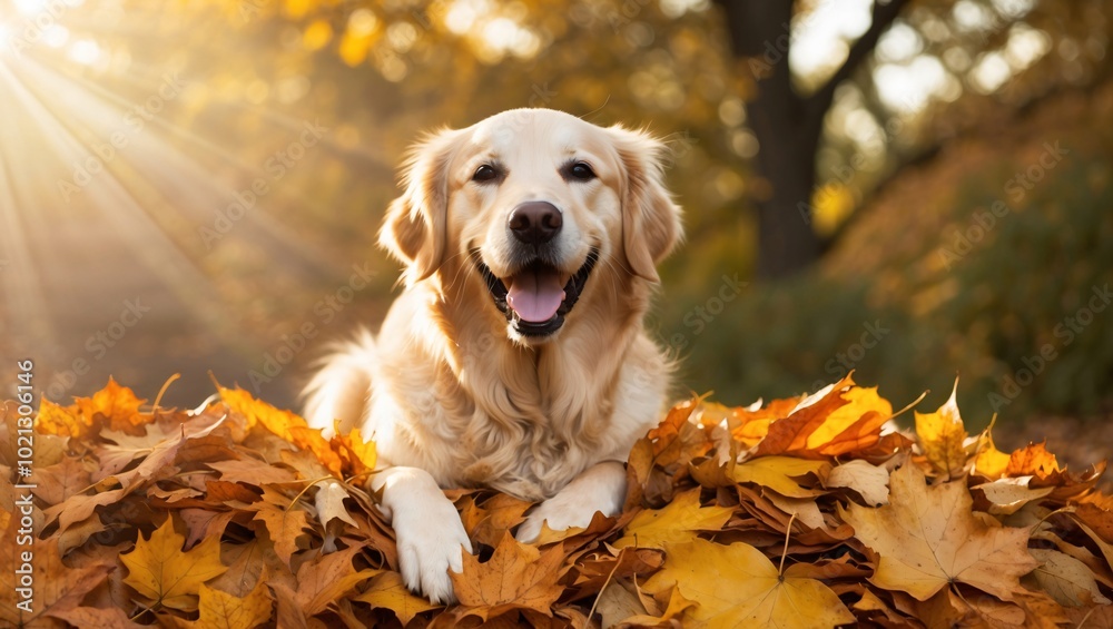 Smiling Retriever Relaxing in Autumn Leaves Smiling Retriever Relaxing in Autumn Leaves
