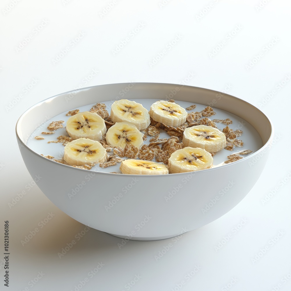 A 3D render of a bowl of cereal with milk and sliced bananas, set on a simple white background A 3D render of a bowl of cereal with milk and sliced bananas, set on a simple white background