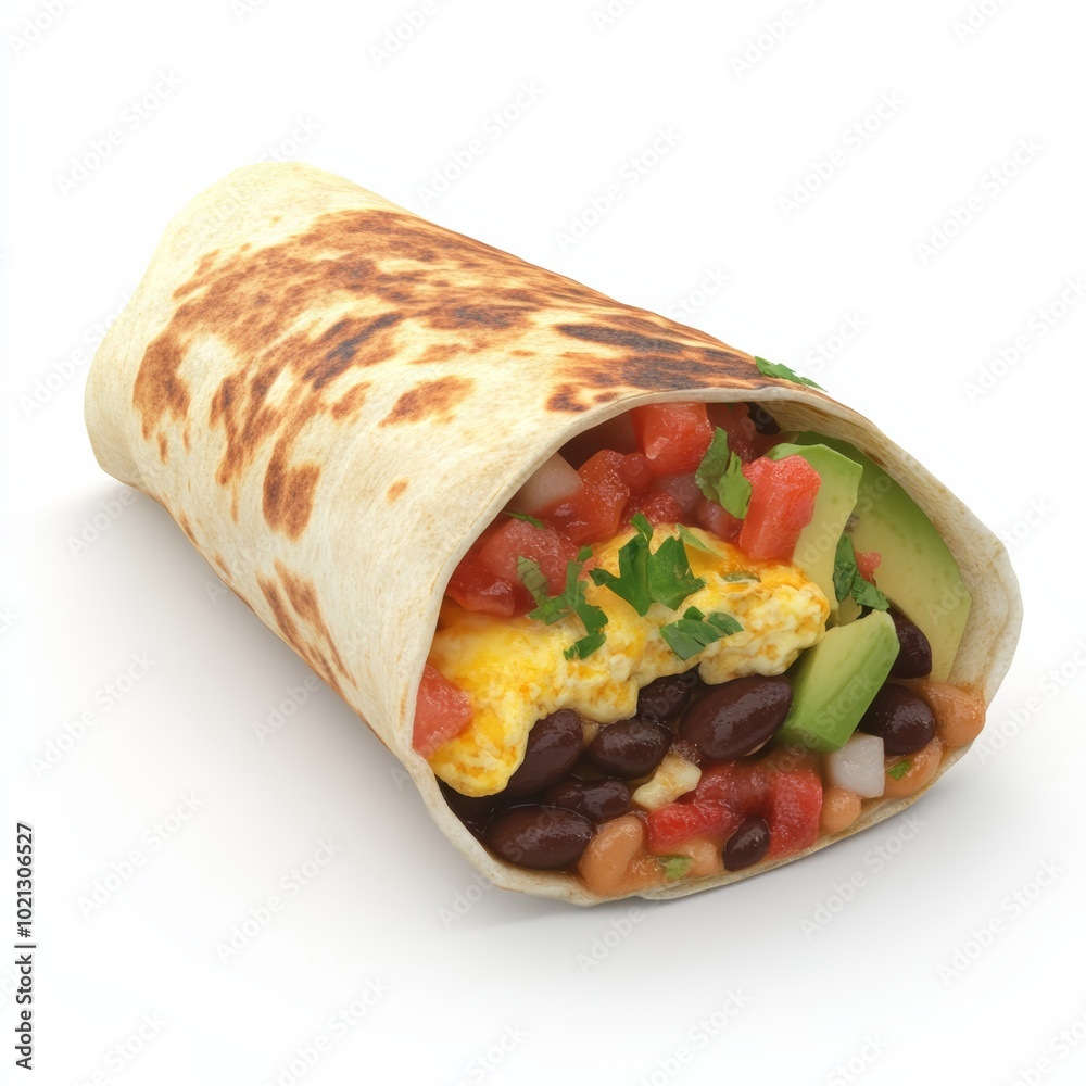 A 3D render of a breakfast burrito filled with scrambled eggs, beans, and salsa, served with a side of avocado, isolated on a white background A 3D render of a breakfast burrito filled with scrambled eggs, beans, and salsa, served with a side of avocado, isolated on a white background