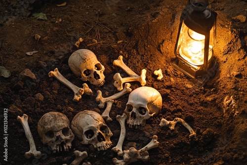 Illuminated lantern near human skulls and bones at night