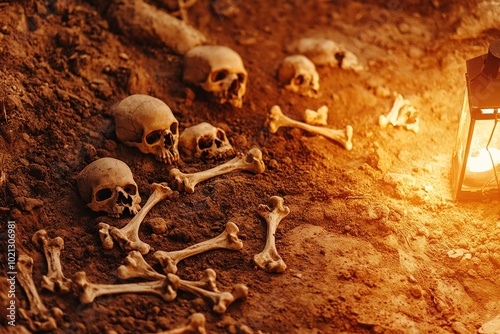 Scattered human skulls and bones with lantern in dirt.