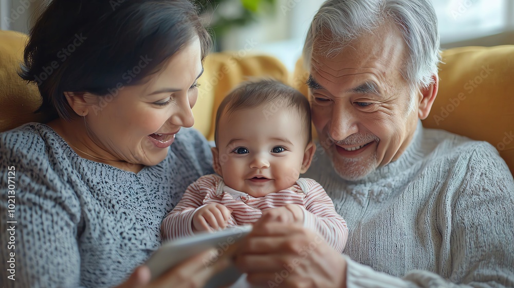 Parents with a newborn video chatting with grandparents Parents with a newborn video chatting with grandparents