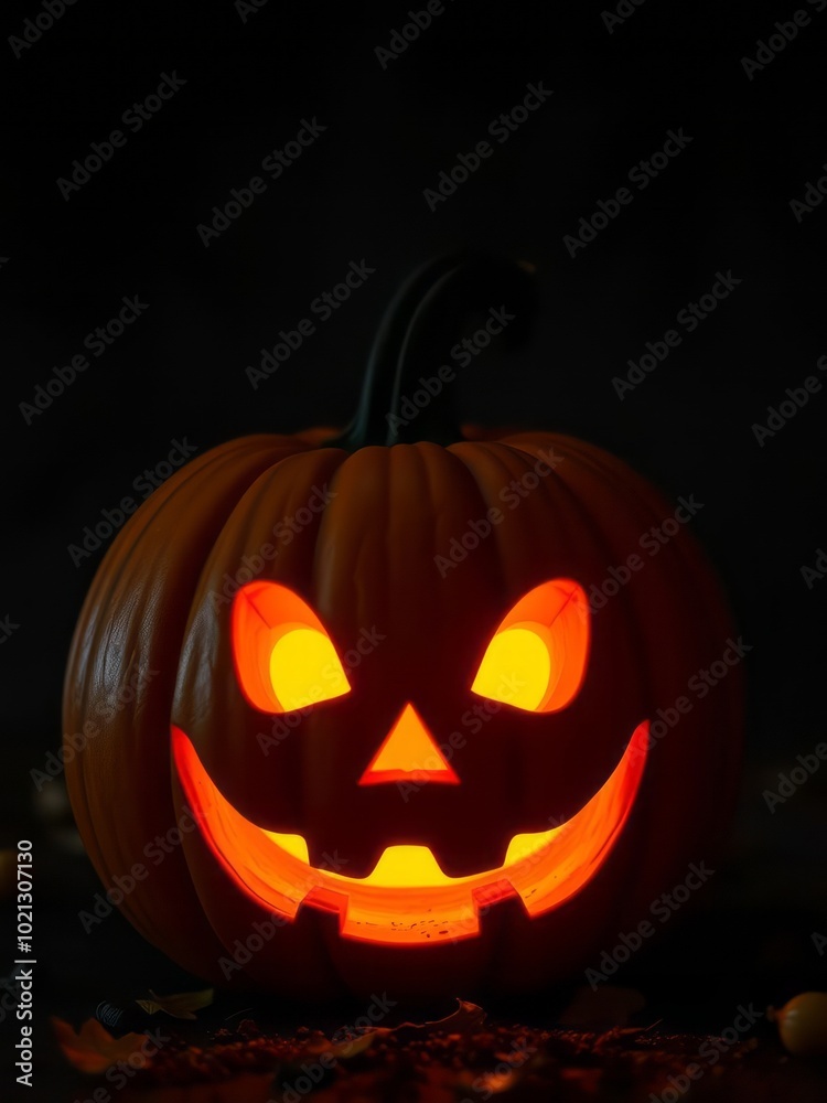 Fototapeta premium A classic halloween pumpkin features a carved face glowing brightly set against a dark backdrop that emphasizes its festive charm halloween backdrop