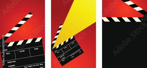 movie clapper board, slate on black different styles for film movie poster, banner, website design and premiere event, cannes, award simple vector