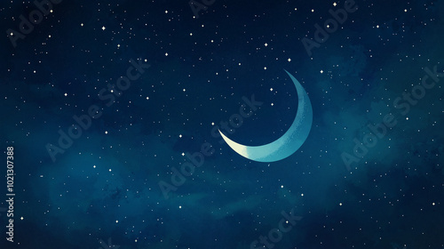 A simple vector drawing of a night sky with a crescent moon and stars, with clean lines and a dark blue color palette.