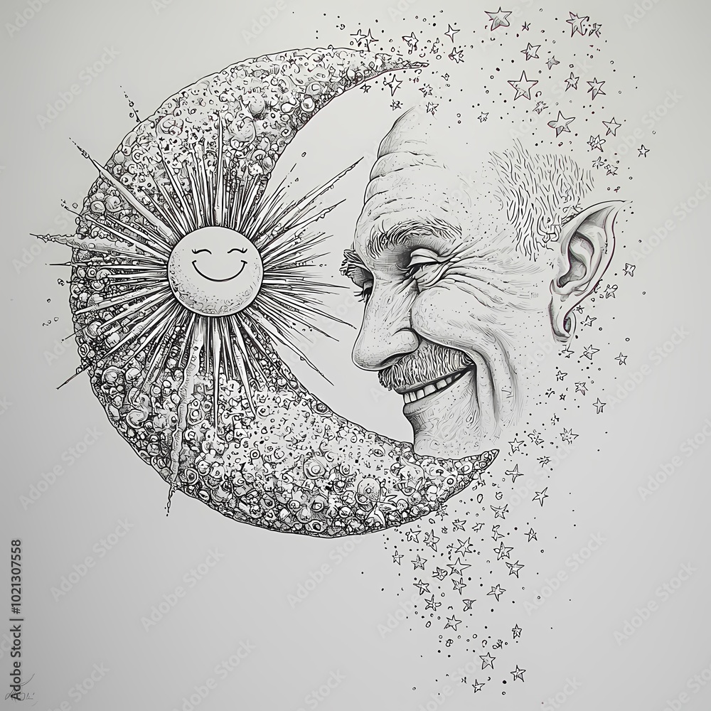 Obraz premium Smiling Crescent Moon and Celestial Scene