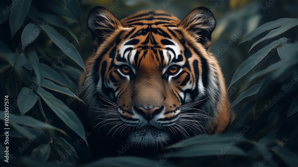 A tiger in the jungle, facing the camera, surrounded by dark green leaves. A tiger in the jungle, facing the camera, surrounded by dark green leaves.