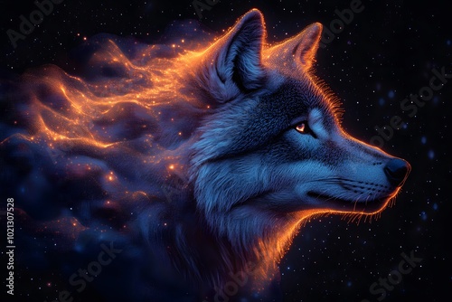 glowing digital art neon wolf made of particles