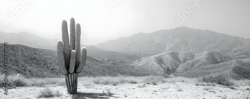 Black and White Desert Landscape with a Tall Cactus Standing Proudly in the Foreground