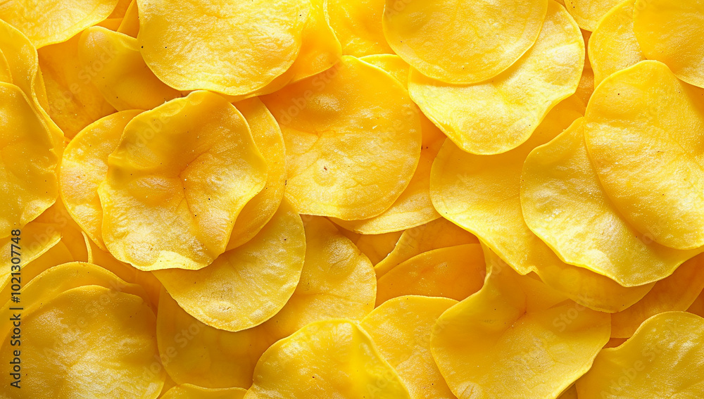 Close-up view of golden, crispy potato chips showing their crunchy texture, ideal for snacking and a deliciously tempting background Close-up view of golden, crispy potato chips showing their crunchy texture, ideal for snacking and a deliciously tempting background