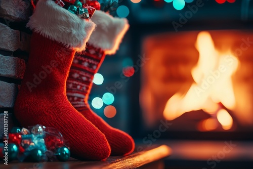 Close-Up of Red Epiphany Stockings Filled with Candy on a Fireplace Mantel with a Warm Fire in the Background photo