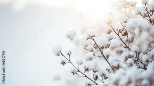 Beautiful snowy branches elegantly contrasted against a pure white background scenery
