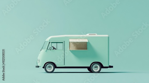 Light blue food truck parked with open window on pastel background