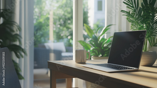 Home Office with Laptop and Coffee Mug Near Window, Bright home office setup featuring a laptop and coffee mug on a wooden desk, surrounded by indoor plants, with natural light streaming in through