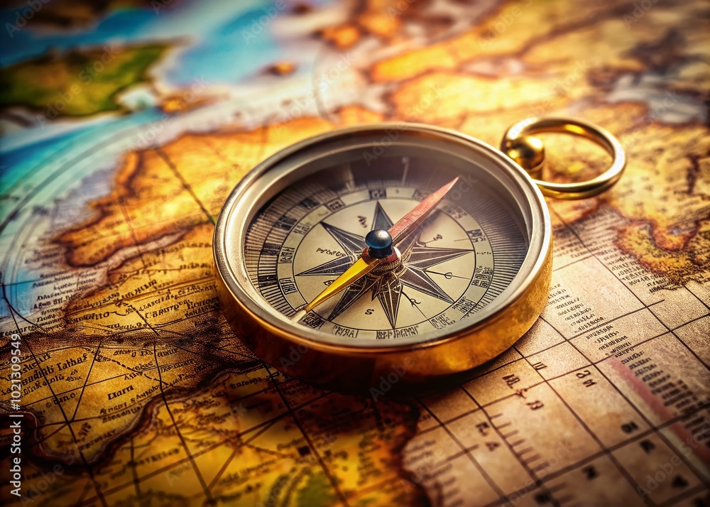 Compass on a Map Symbolizing Adventure and Exploration in an Open World of Possibilities Ahead Compass on a Map Symbolizing Adventure and Exploration in an Open World of Possibilities Ahead