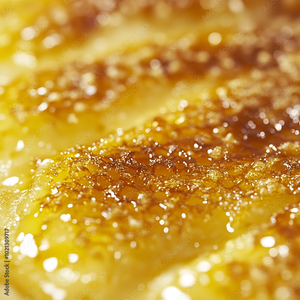 Close-up of a caramelized dessert surface with a glossy, golden texture. Close-up of a caramelized dessert surface with a glossy, golden texture.