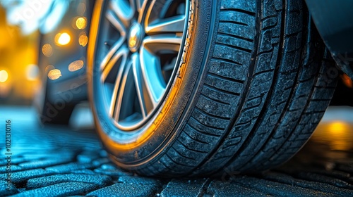 Wallpaper Mural Close-up of a Worn Car Tire on a Cobblestone Road Torontodigital.ca