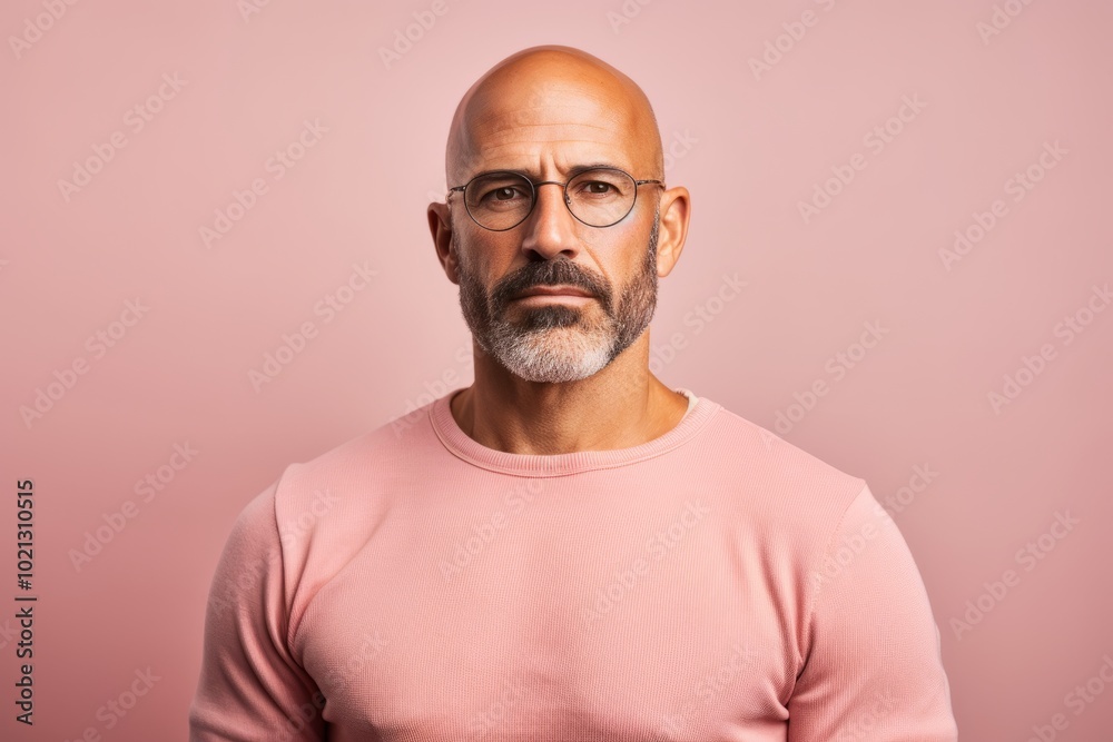 Portrait of a handsome mature man with beard and glasses on a pink background. Portrait of a handsome mature man with beard and glasses on a pink background.