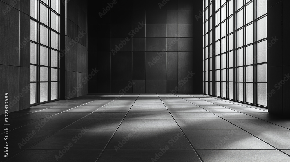 A black and white minimalist modern empty room with large windows and tiles on the floor. A black and white minimalist modern empty room with large windows and tiles on the floor.