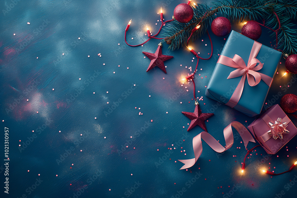 The decorations include a star, a box of ornaments, and a string of lights The decorations include a star, a box of ornaments, and a string of lights