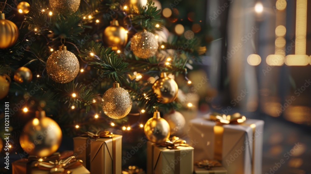Sparkling Christmas Tree with Golden Ornaments and Gifts