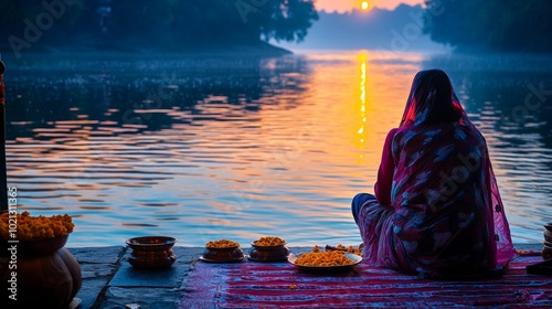 Chhath Puja Devotee at Sunrise Offering Prayers by the River with Traditional Ritual Items photo