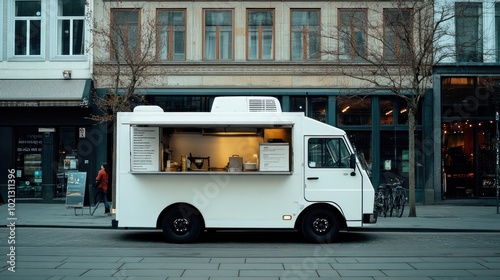 White food truck parked on a city street selling take away food