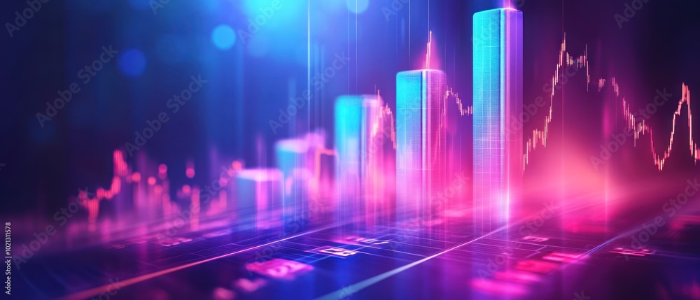 A digital representation of financial data with colorful bar graphs and lines. A digital representation of financial data with colorful bar graphs and lines.