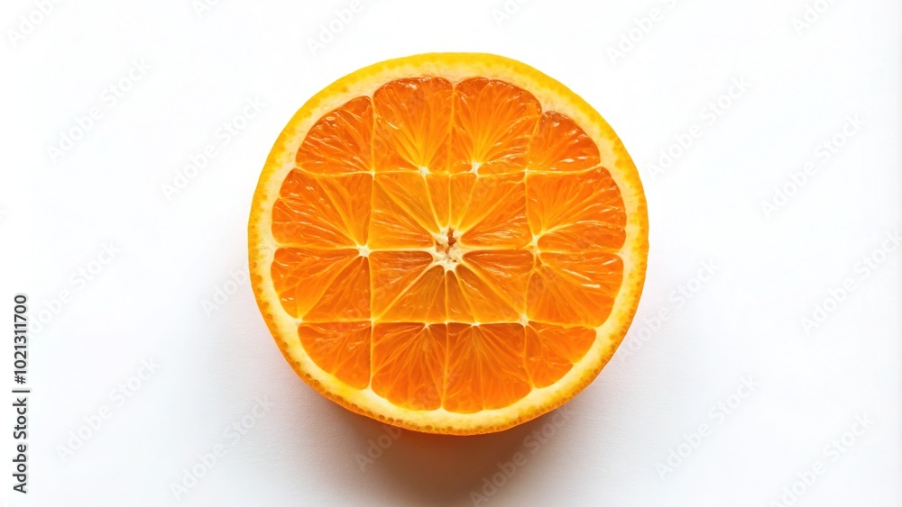 Halved oranges elegantly displayed in a grid format, their vibrant color and fresh texture stand out against a pristine white backdrop, signaling freshness and vitality. Halved oranges elegantly displayed in a grid format, their vibrant color and fresh texture stand out against a pristine white backdrop, signaling freshness and vitality.