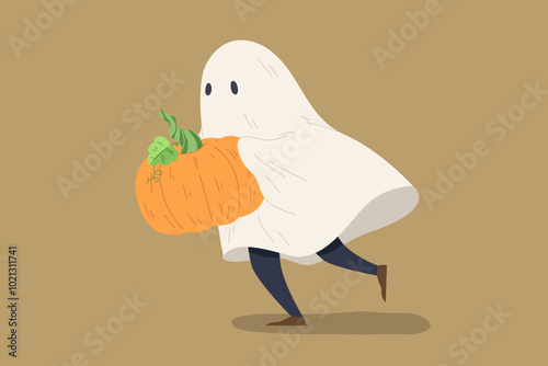 Halloween character dress up as a ghost with white fabric and holding huge pumpkin while running. Concept of cartoon for decoration on invitation card, banner, party. Flat vector illustration