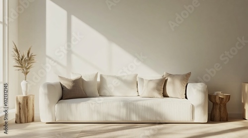 A light-filled Scandinavian living room with a white sofa, wooden accents, and neutral cushions, isolated on a warm ivory background with soft light shadows