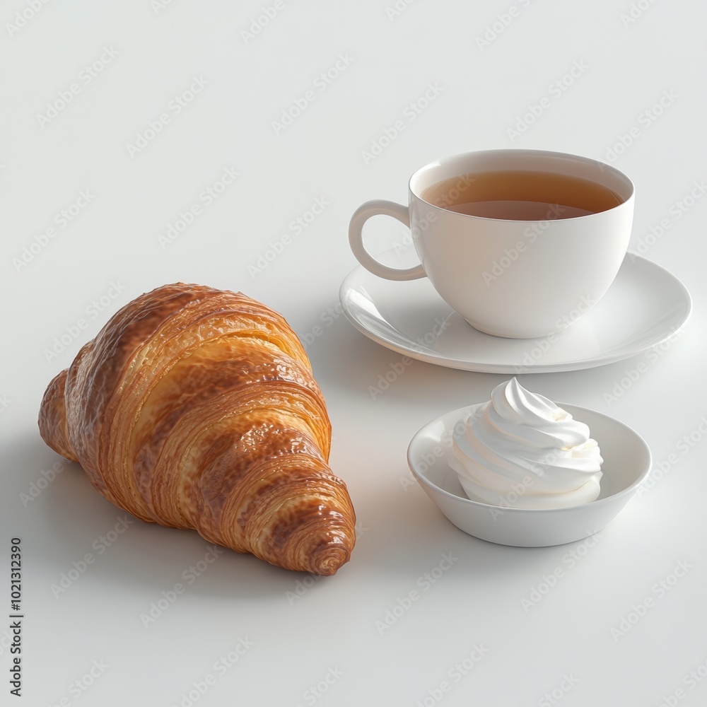 A 3D rendering of a croissant, a cup of hot tea, and a small bowl of yogurt, set on a clean white surface