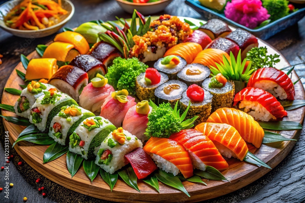 Indulge in a vibrant sushi roll platter bursting with fresh ingredients and colorful designs, presented in stunning 8K quality for discerning food aficionados. Indulge in a vibrant sushi roll platter bursting with fresh ingredients and colorful designs, presented in stunning 8K quality for discerning food aficionados.