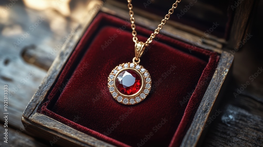 A beautiful gold necklace with a circular red gemstone set in an ornate design, resting inside a luxurious velvet-lined box. A beautiful gold necklace with a circular red gemstone set in an ornate design, resting inside a luxurious velvet-lined box.