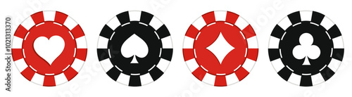 Casino poker chips with card symbols heart, spade, diamond, and club
