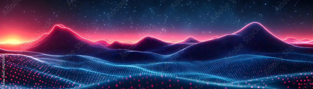 Abstract 3D Digital Landscape with Neon Lights and Starry Sky Abstract 3D Digital Landscape with Neon Lights and Starry Sky